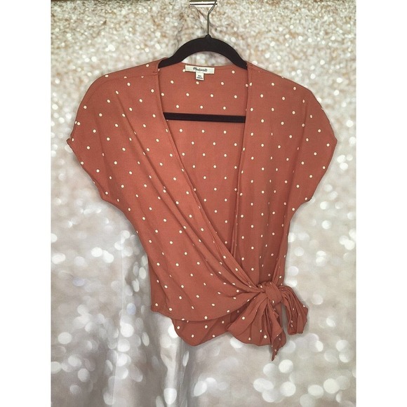 Madewell Women's Size XXS Sash Tie Wrap Top Pink Chiffon W/ Polka Dots - Picture 2 of 6